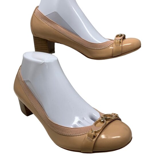 NEW  Coach Tandy Nude Patent Leather Horse Bit Block‎ Heel Pumps - Picture 3 of 11